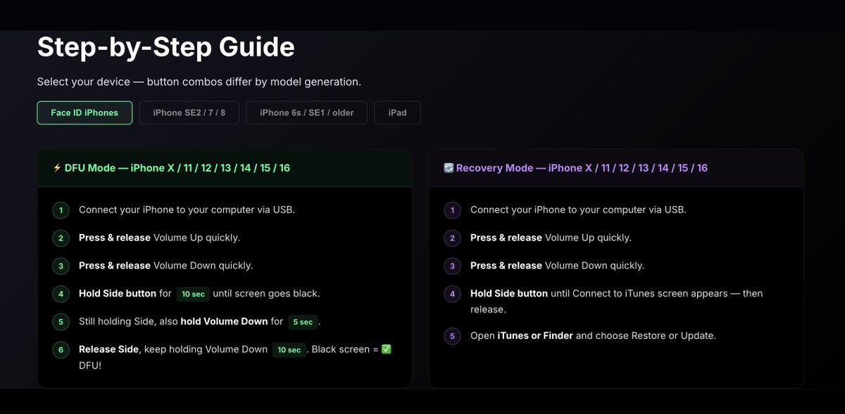 MrCreator1's tweet photo. Revolutionary...
Online #DFU & #Recovery Mode Helper ==> https://t.co/4MaSJFx9Kt

iPhone stuck? Boot loop? Won't turn on? 😰 Before you take it to a repair shop — try DFU or Recovery mode first. We built a free step-by-step timer tool to guide you through it. Takes 30 seconds. ⚡📱