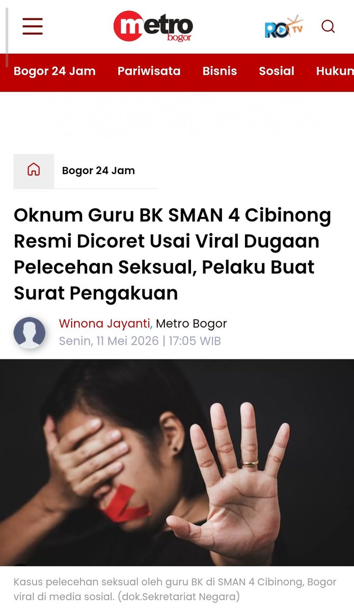 ardypribadi__'s tweet photo. Guru BK SMAN4 Cibinong melakukan modus konsul ke siswi dan melakukan tindakan pelecehan seksual. Guru BK udah resmi dicoret dari sekolah dan proses hukum berlangsung. Lagi dan lagi kasus kekerasan seksual ke anak bawah umur https://t.co/V0XvLpmARb