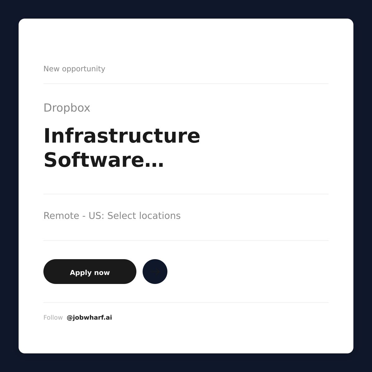 jobwharf's tweet photo. 🌍 Remote Job Alert
Infrastructure Software Engineer – Dropbox
Apply now ➜ https://t.co/GRiSud233n
📍 Remote - US: Select locations
💰 Salary negotiable

#infrastructuresoftware #dropboxjobs #remotejobs #hiring #jobsearch #techjobs https://t.co/ah6Ax2VVCH