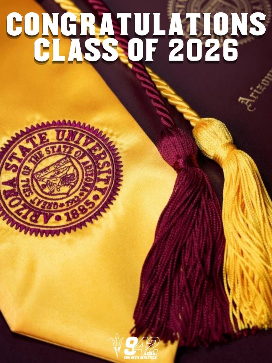942Crew's tweet photo. Congratulations to the Class of 2026 on graduation this week. Four years of hard work, dedication, and Sun Devil pride. To our graduate students the seats are still yours. Come back and join us at the games in the future. Wishing all students the best in their future endeavors. https://t.co/UNe0XxhTOW