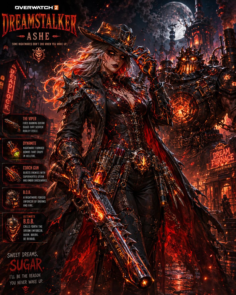 beezee08's tweet photo. Overwatch skins have gotten cool…

…but imagine if Blizzard dropped THIS 😳🔥

“DREAMSTALKER ASHE”
A nightmare-fueled legendary skin concept inspired by classic horror slashers.
🔥 Molten nightmare Viper rifle
🌙 Burned gothic gunslinger aesthetic
💀 Horror-themed B.O.B. with furnace-core armor
🩸 Ember effects, dream smoke, claw visuals & molten dynamite

This legitimately looks like a Mythic-tier Halloween event skin.
Overwatch art team PLEASE cook.
#Overwatch2 #Ashe #Gaming #ConceptArt #Blizzard #Horror #FanArt