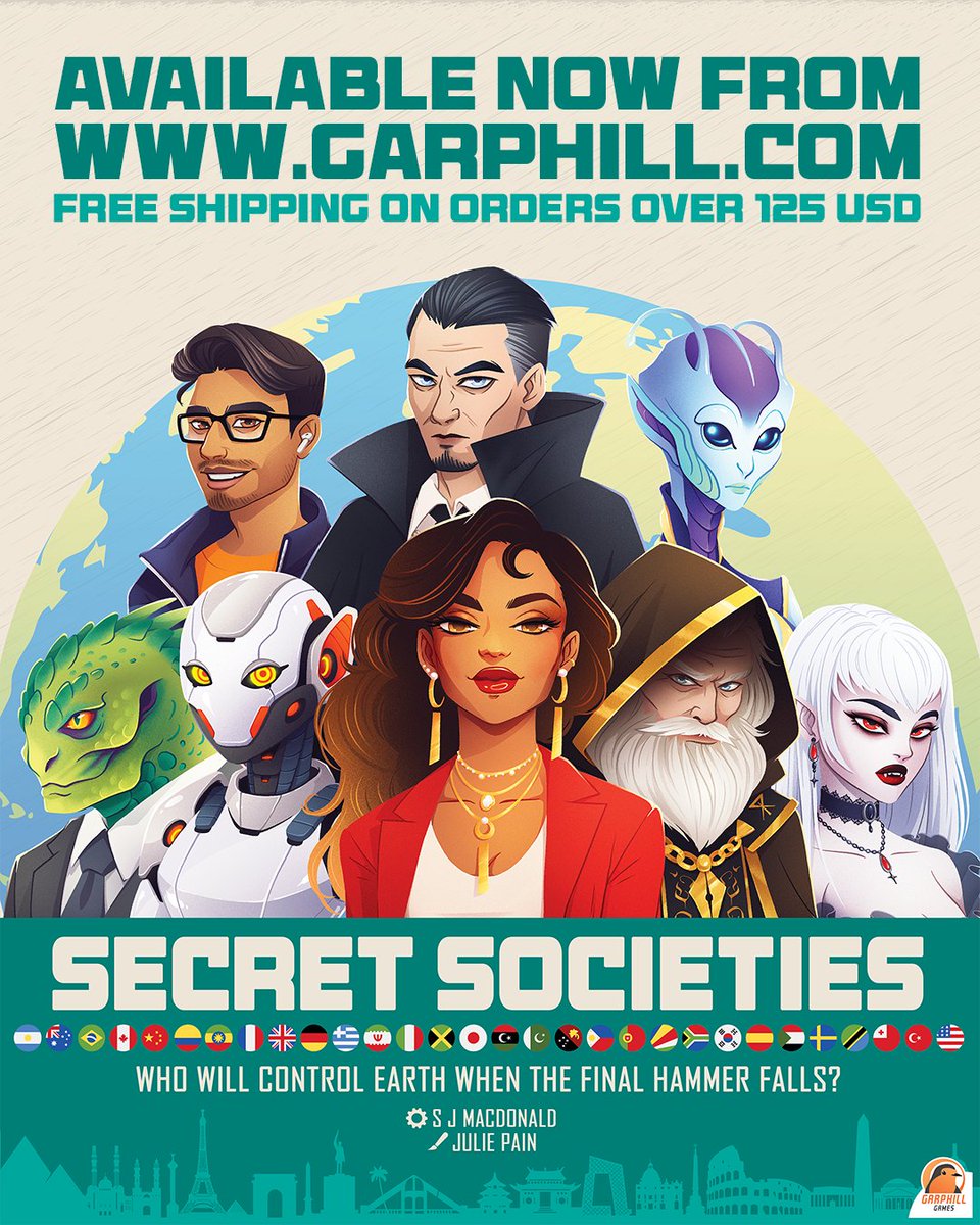 garphillgames's tweet photo. Secret Societies is now available worldwide from our webstore!

Bid for control of 75 real-world countries, unlock new bidding powers, grow your treasury, and make the most of your faction’s asymmetric abilities to come out on top after 7 cutthroat rounds!

Order your copy today! https://t.co/FtBiuL3Irx