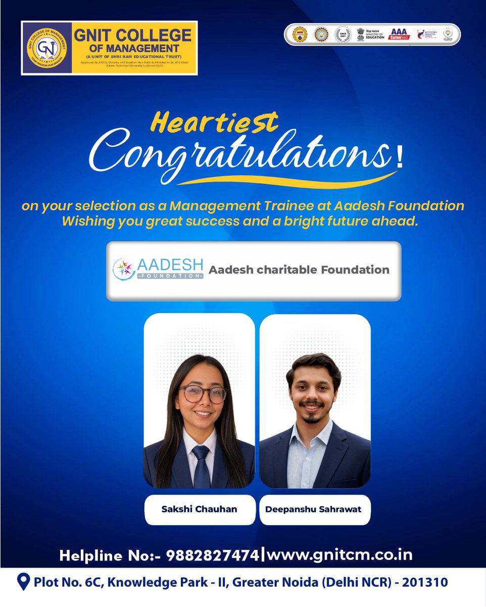 GNITCM_Official's tweet photo. Heartiest congratulations on your selection as a Management Trainee at Aadesh Foundation!
Wishing you immense success, continuous growth, and a bright future ahead.

#Congratulations #ManagementTrainee #AadeshFoundation #CareerSuccess #FutureLeaders #ProfessionalJourney #Success https://t.co/yxbuiVx5f7