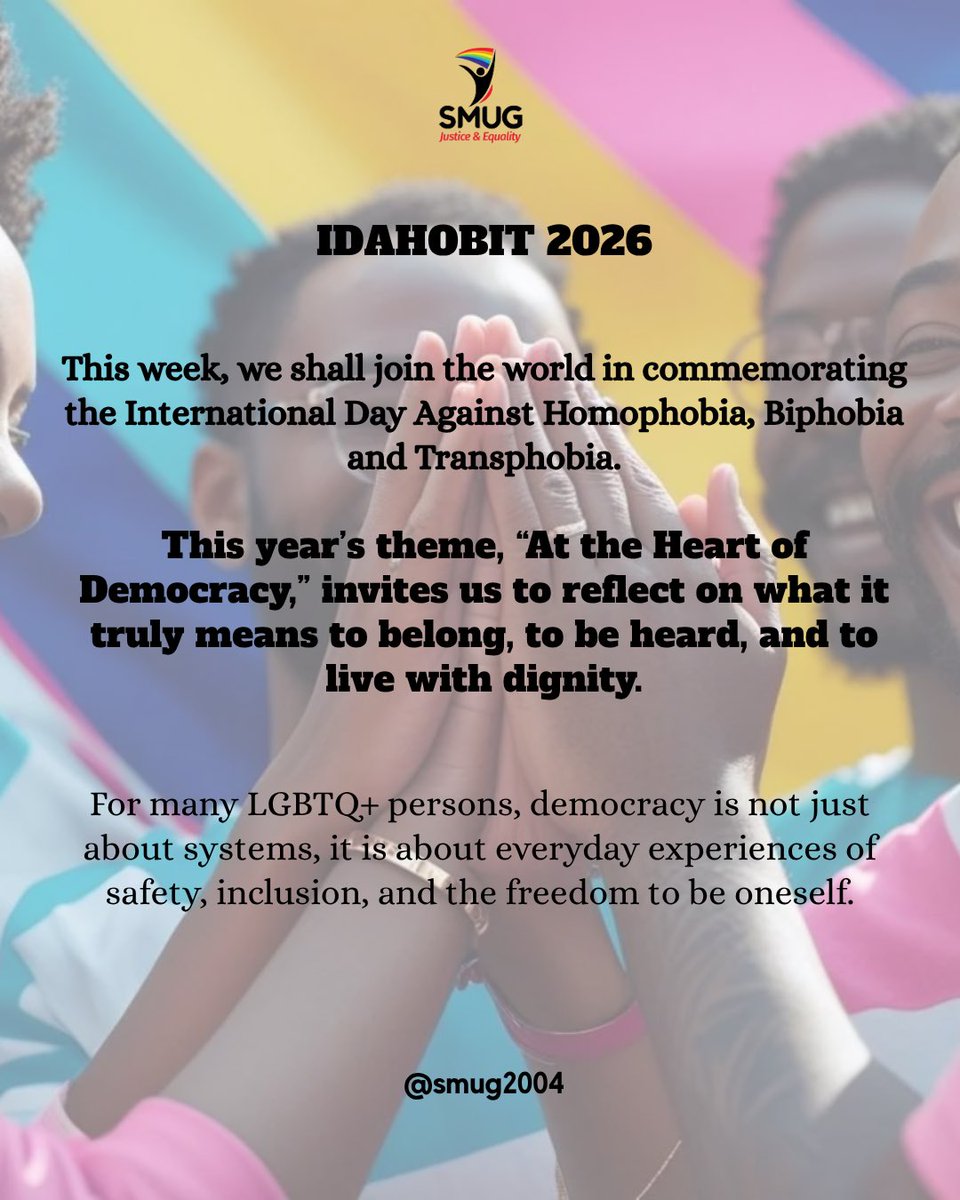 SMUG2004's tweet photo. This week, we shall join the world in commemorating the International Day Against Homophobia, Biphobia and Transphobia.

This year’s theme, “At the Heart of Democracy,” invites us to reflect on what it truly means to belong, to be heard, and to live with dignity.
For many LGBTQ+ persons, democracy is not just about systems, it is about everyday experiences of safety, inclusion, and the freedom to be oneself.

This week, we are centering community voices through a digital storytelling series that captures these lived experiences. @hillarytaylorvi 

#IDAHOBIT2026 #Democracy #LGBTIQVoices #DigitalStorytelling