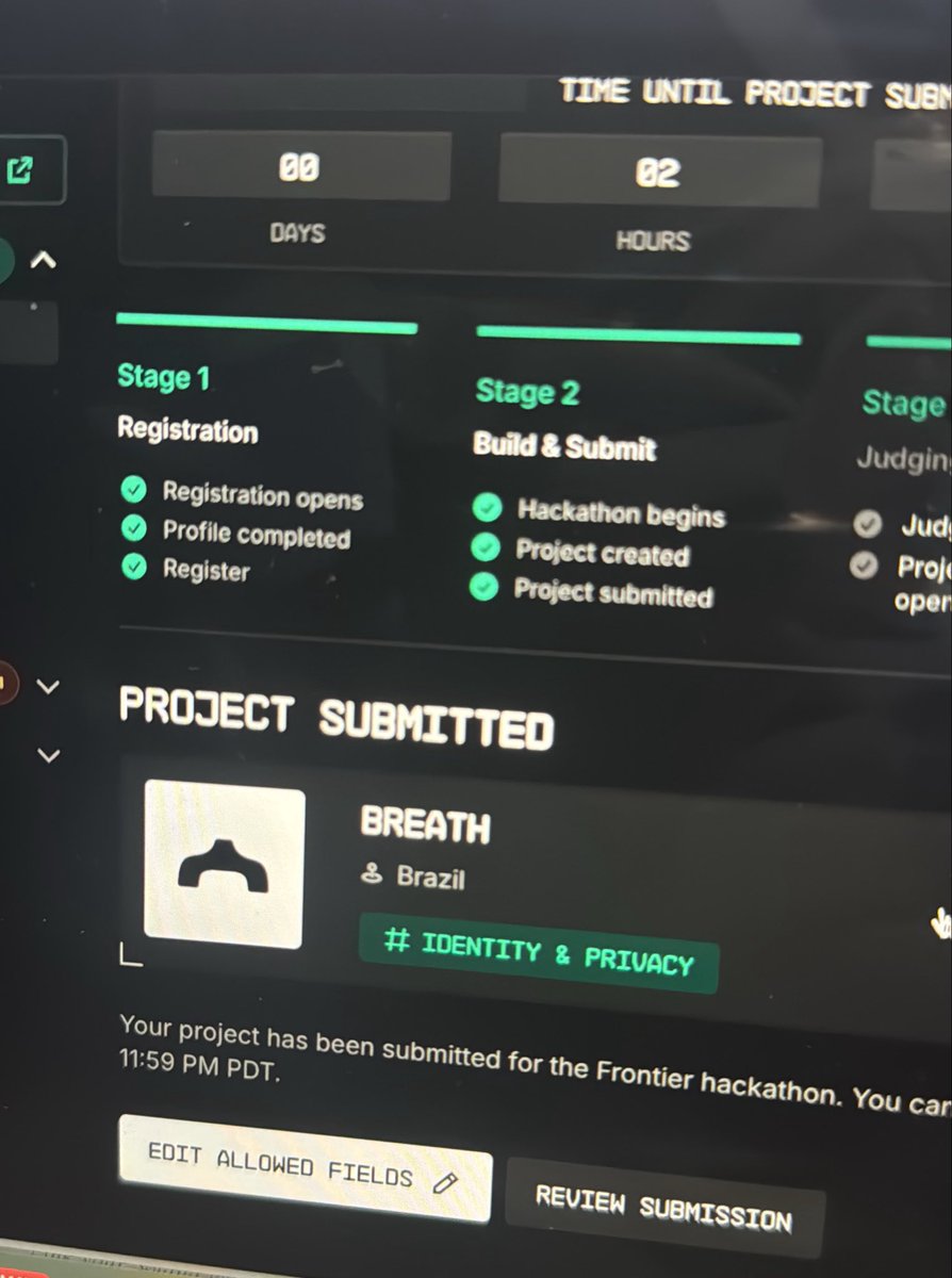 BreathProtocol's tweet photo. Submitted.

Breath Protocol is officially in the Colosseum Frontier Hackathon, Identity &amp; Privacy track.

Proof of humanity with no iris scan and no hardware. Just your breath, anchored on Solana.

Built from São Paulo. Let's go.

@colosseum @solana @SuperteamBR https://t.co/wfkTnBNnKK