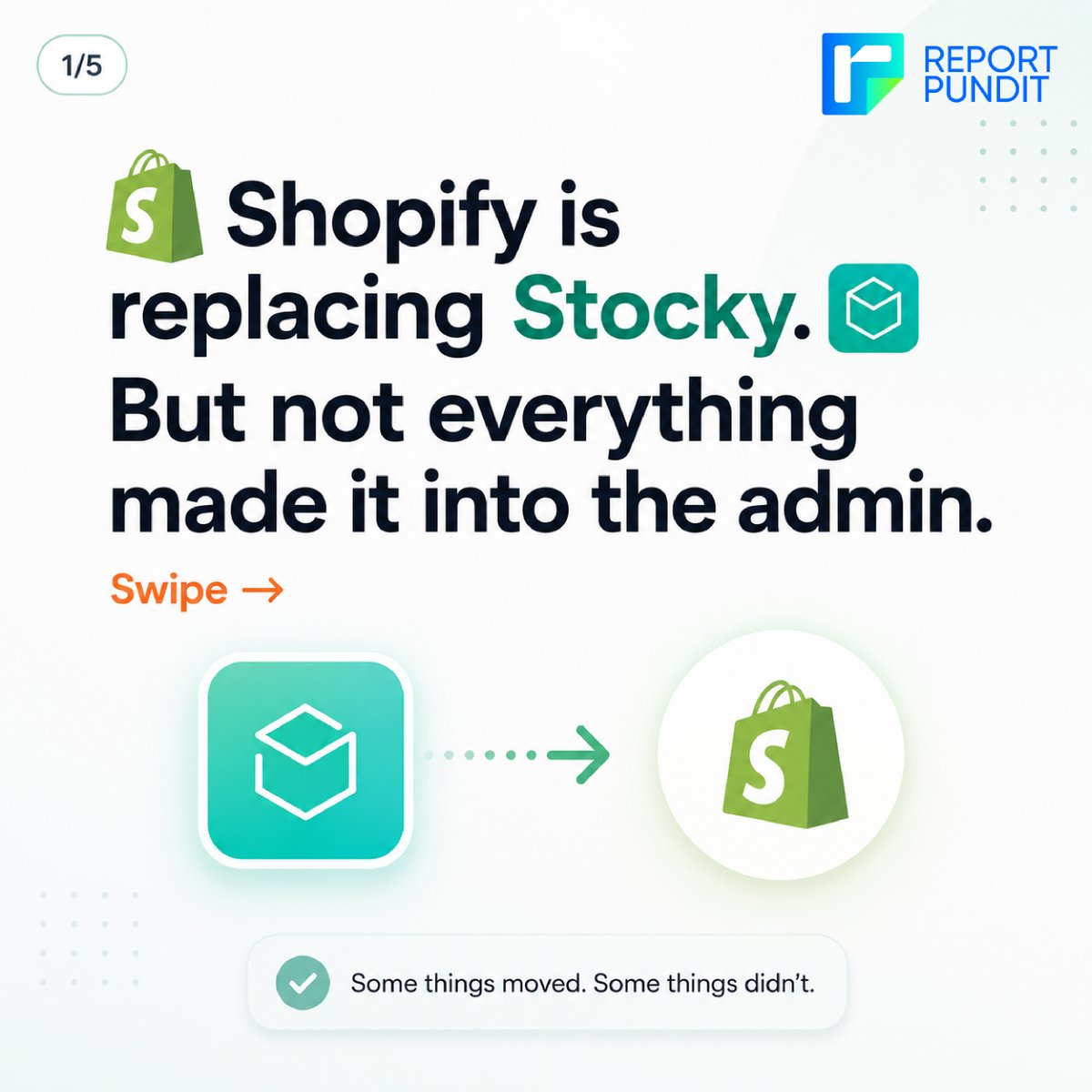 ReportPundit's tweet photo. Shopify has been quietly adding inventory features to the admin, but it's not a full Stocky replacement. Not even close.
Here's a clear breakdown of what you get, what's missing, and what you'll need to solve with third-party tools. Swipe through before you assume you're covered https://t.co/TDbf4sEslk
