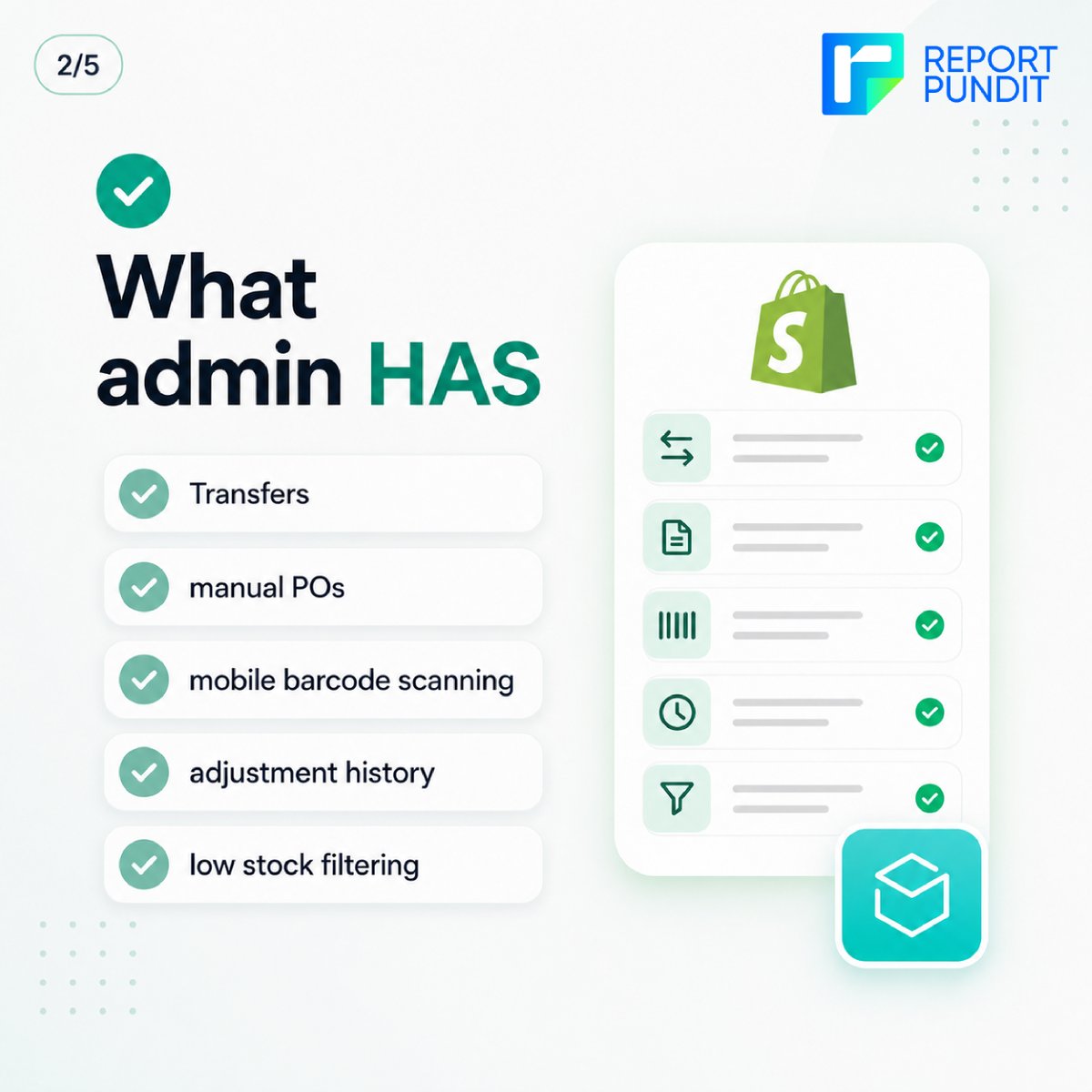ReportPundit's tweet photo. Shopify has been quietly adding inventory features to the admin, but it's not a full Stocky replacement. Not even close.
Here's a clear breakdown of what you get, what's missing, and what you'll need to solve with third-party tools. Swipe through before you assume you're covered https://t.co/TDbf4sEslk