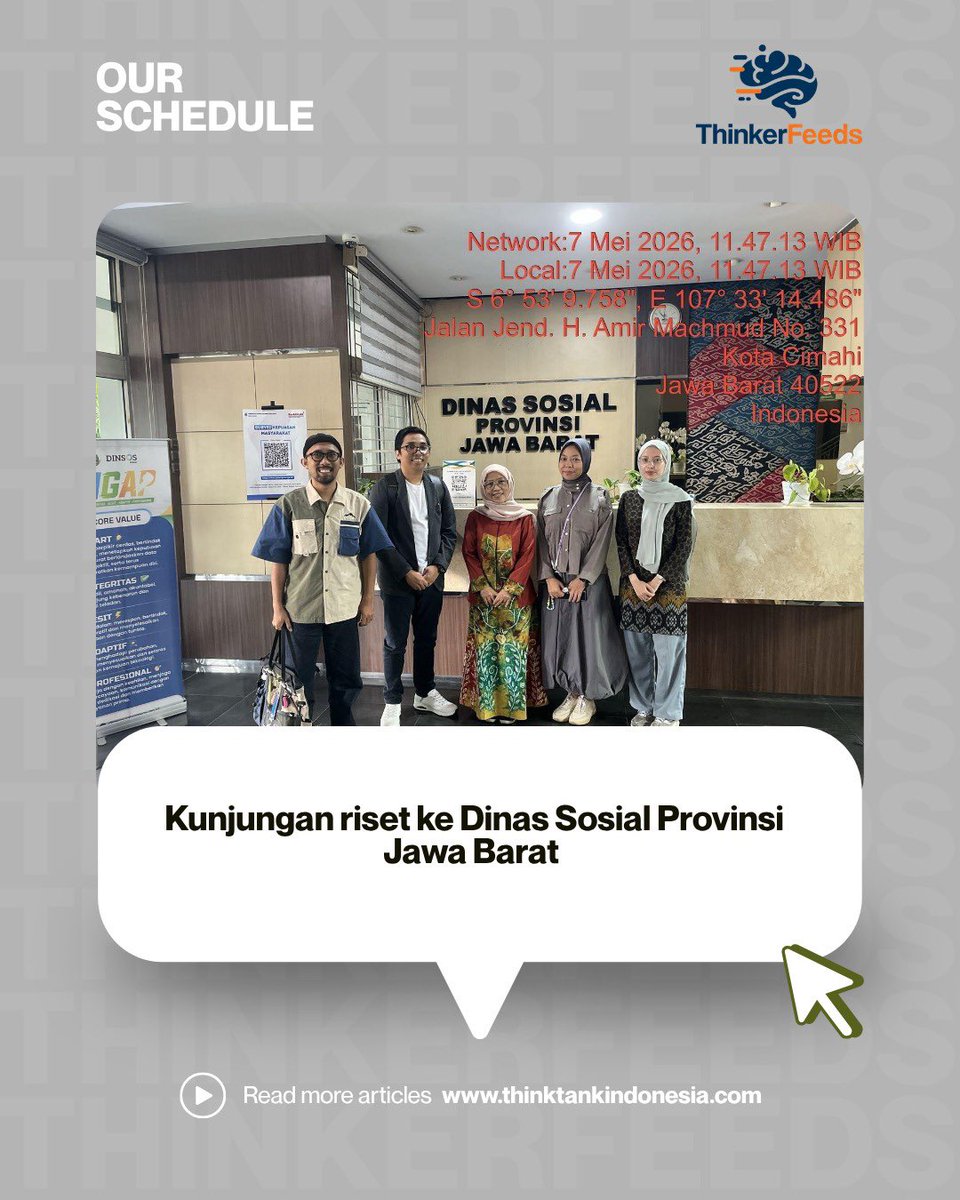 ThinktankIDN's tweet photo. Pada Kamis, 7 Mei 2026 pukul 11.00 s.d. 12.00 WIB, tim riset kolaborasi BRIN, Departemen Sosiologi Universitas Padjadjaran, dan https://t.co/h93cw4TWFr melaksanakan kegiatan wawancara di Dinas Sosial Provinsi Jawa https://t.co/x6dB8g1H4J