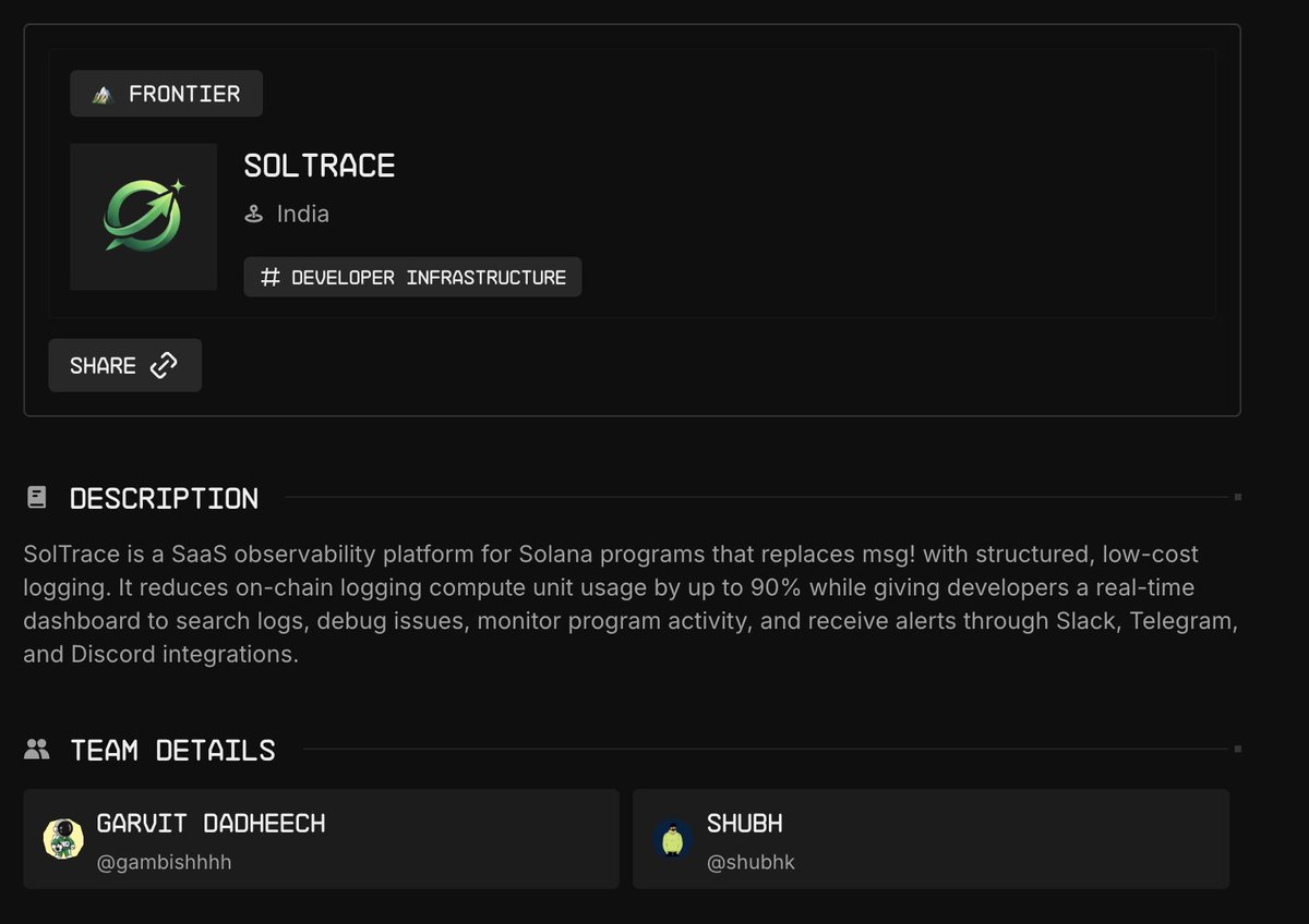 gambishhhh's tweet photo. submitted SolTrace for Frontier Hackathon by @colosseum 

structured logging + observability for solana programs.

reducing logging CU costs by up to 90% while making on-chain programs actually debuggable.

building the missing observability layer for Solana. https://t.co/3cO75uxOn3