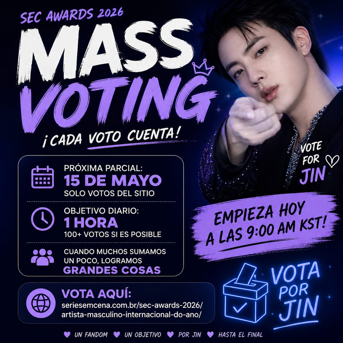 kimseokjinlatam's tweet photo. VOTO MASIVO EN CURSO - SEC 2026 🇧🇷 🚨

La próx parcial es el 15/05 y contará SOLO los votos de la página.

1 HORA DE VOTOS LLENOS DE AMOR 
PARA Y POR JIN ❤️ 

Vote 👇 Ilimitado 
https://t.co/VKR8Sviwx3

#Jin #SECAwards #VoteForJin https://t.co/RGzDmUhdxj