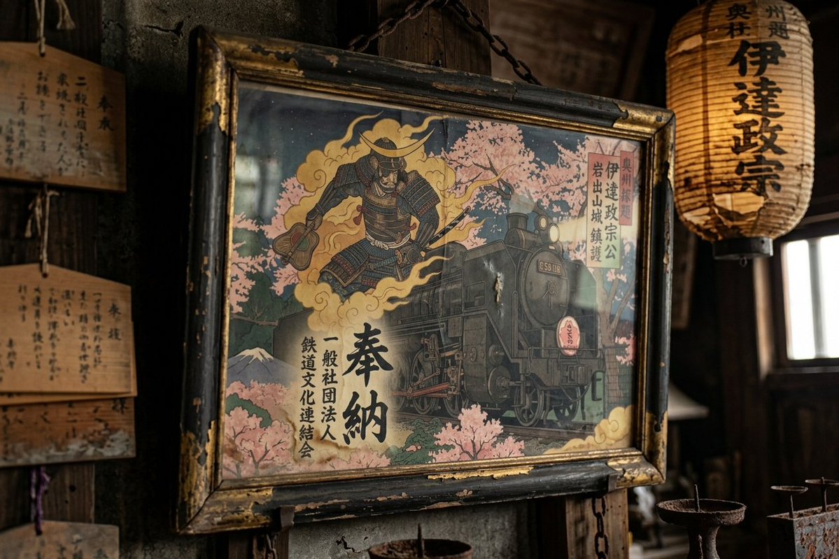 陸前国（宮城）と羽前国（山形）を結ぶ陸羽東線。
東北の盟主・伊達政宗公もまた両県との関わりは切っても切れないものである。
その伊達政宗公居城の地・岩出山城に両県を駆けた蒸気機関車が保存された際に奉納された錦絵が今なお栄藍神社（えいあいじんじゃ）の本殿に祀られている。