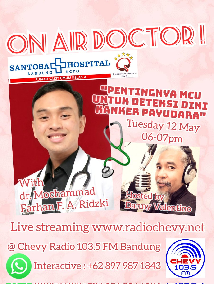 soundfactorybdg's tweet photo. "DOCTOR.. DOCTOR !" Every Tuesday 06-07 pm @ Chevy Radio 103.5 FM #Bandung 📻🩺😊 live audio streaming https://t.co/8bBhOslCw5 📲📲
#medicalcheckup #kanker #cancer #santosahospitalbandung https://t.co/8555pn2s9U