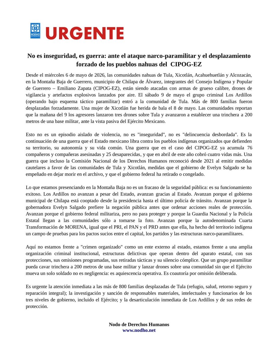 nodho's tweet photo. #URGENTE:  No es inseguridad, es guerra: ante el ataque narco-paramilitar y el desplazamiento forzado de los pueblos nahuas del  CIPOG-EZ en #Guerrero https://t.co/pG4bLCrVjG