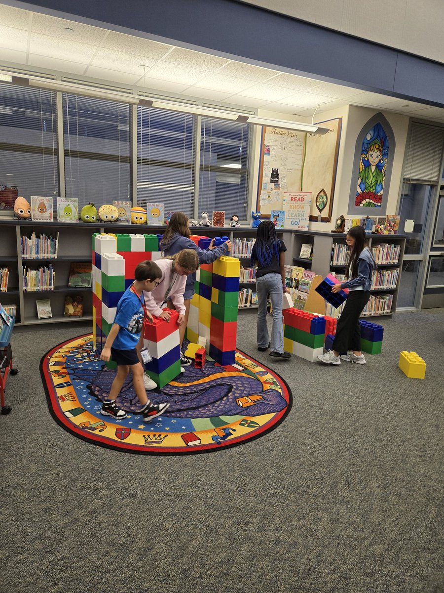 KDELibrary's tweet photo. It's Library Lego Week in the KDE Library! The students loved the giant Lego bricks! We have buckets and buckets of Lego. Stop by tomorrow for more Lego fun! @katy_libraries #kdepride https://t.co/NvGhuoXs9g