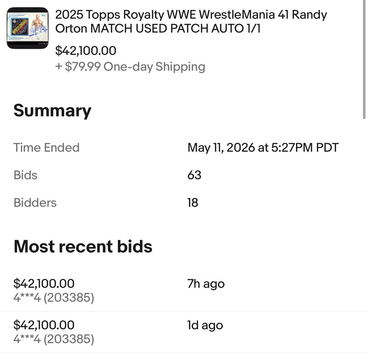 JP3Cards's tweet photo. Crazy that the winning bidder’s 2nd best bid wasn’t even cracked. 🤯 

#WrestlingCards https://t.co/fzT3mPrAtZ