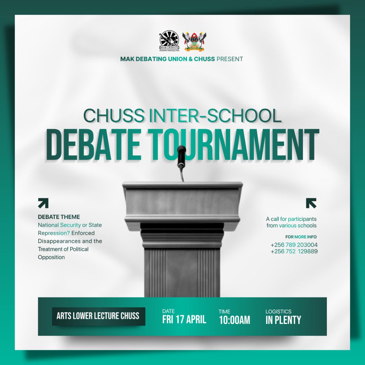 AkelloEliz23355's tweet photo. Proud to have been part of the organizing team for the first-ever CHUSS Inter School Debate Tournament on “National Security or State Repression?” Great to see students engage in meaningful discussions on governance, democracy, and human rights.
 
#CHUSS #Leadership #HumanRights https://t.co/480w1RYMld