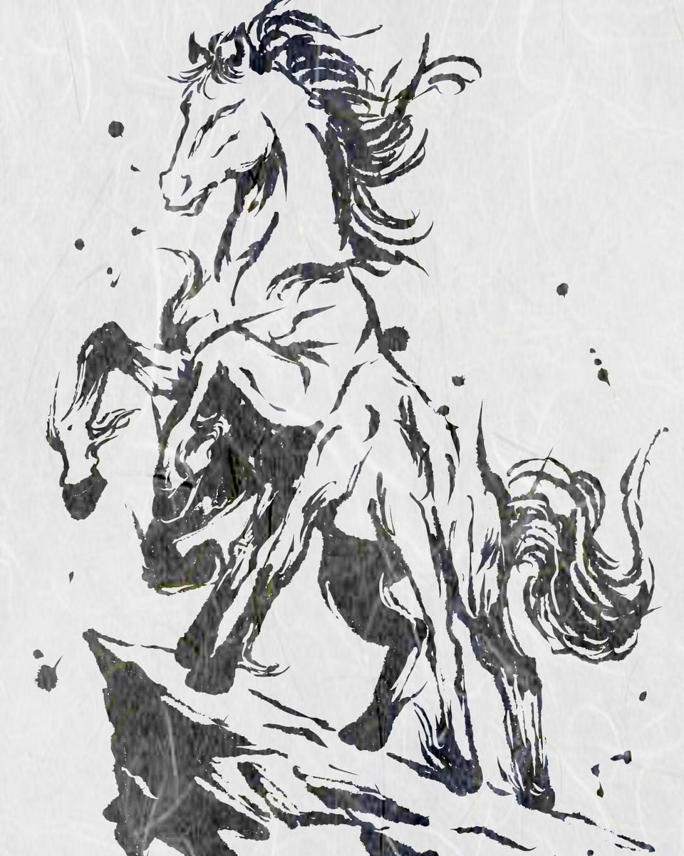 崖の上に立つスレイプニルを墨で描きました。 神話の霊性と、孤高に