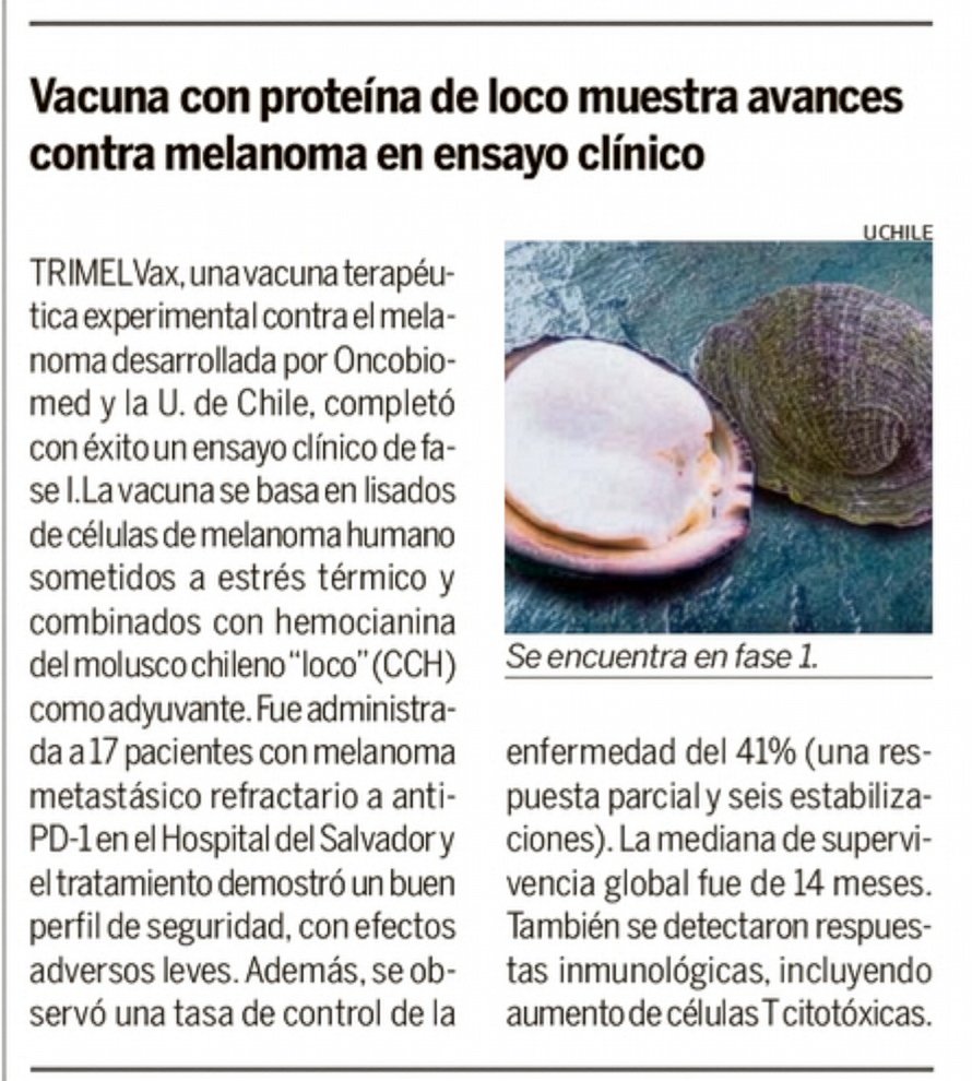[UCHILE en la Prensa] <a href="/hoyxhoycl/">HoyxHoy</a> destacó la vacuna TRIMELVax contra el melanona, desarrollada por Oncobiomed y la U. de Chile, y cuyo desarrollo incluye el uso de proteína de loco.