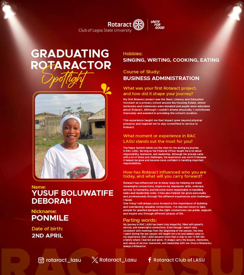 Rotaract_Lasu's tweet photo. Celebrating Rtr. Yusuf Boluwatife Deborah (Ponmile) ✨

A journey of growth, resilience, and service. From literacy outreach to leadership, your impact on RAC LASU remains remarkable.

Thank you for serving, and leaving a lasting legacy❤️💛

Once a Rotaractor always a Rotaractor. https://t.co/JBQzeUlkEe