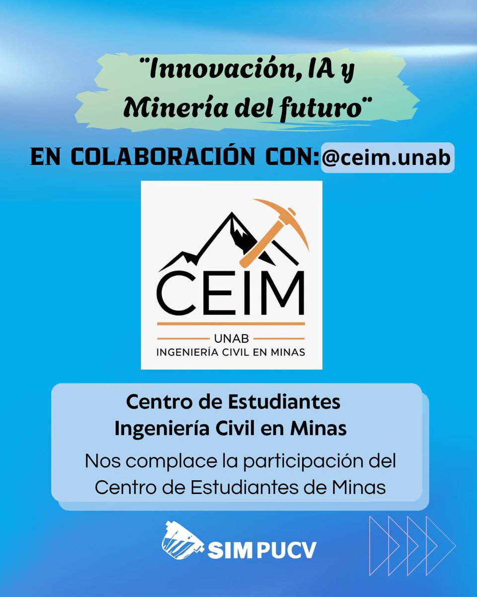 SIMPUCV's tweet photo. Seguimos construyendo SIMPUCV 2026
Nos enorgullece contar con la colaboración de distintos centros de estudiantes que aportan desde sus disciplinas a este gran evento:
⛏️ CEIM – Ingeniería Civil en Minas
⚙️ CEMET – Ingeniería en Metalurgia
📚 CEAIM – Ingeniería Civil en Minas https://t.co/lbKiFtH7iT