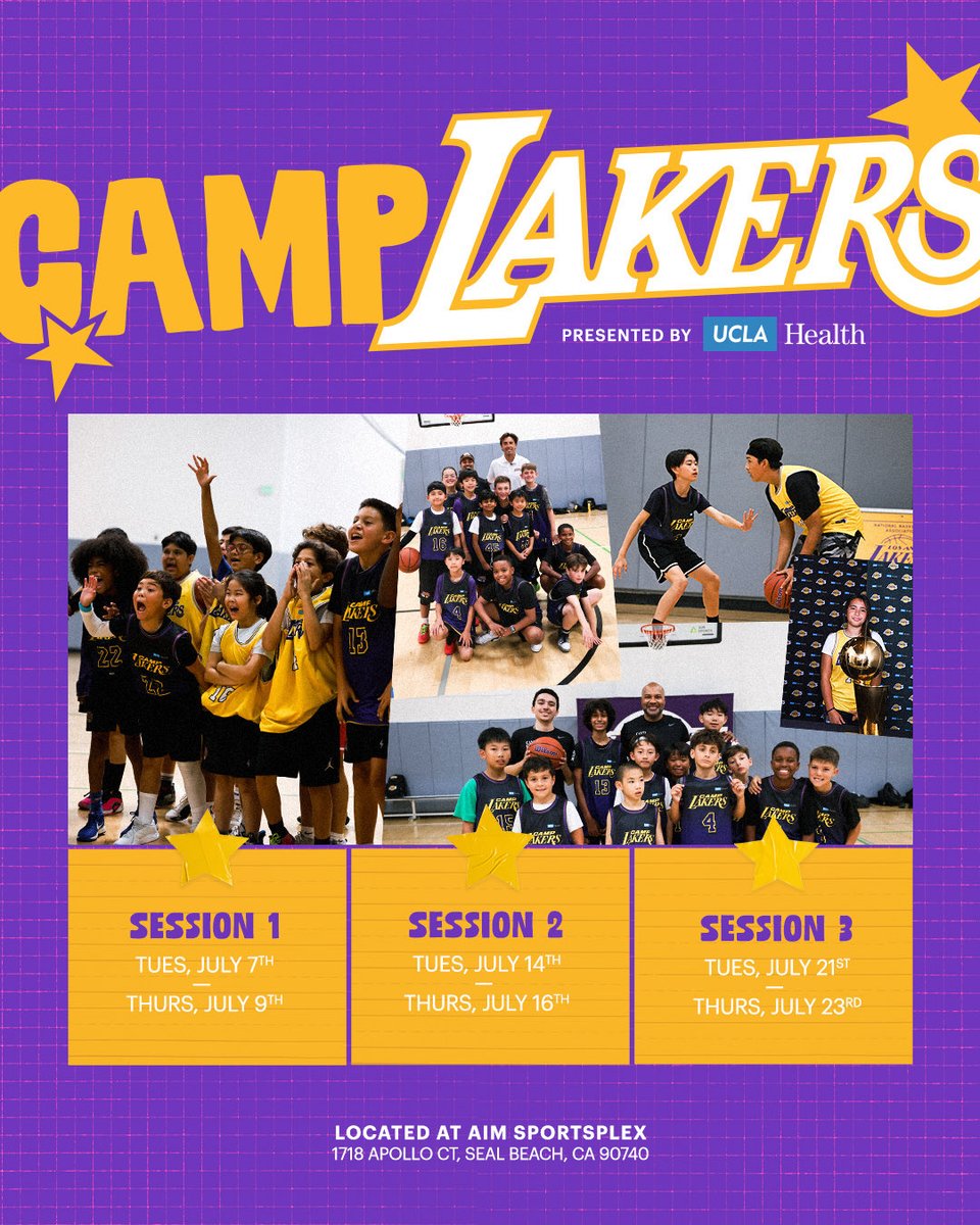 LakersCommunity's tweet photo. Camp Lakers, presented by @uclahealth, is back this summer! 💜💛
 
Camp Lakers is committed to providing young players with the Lakers experience. Campers will learn to play the Lakers way, emphasizing the importance of staying active while honing their basketball skills and discovering the importance of hard work, teamwork, dedication, and sportsmanship, on and off the court 🌟
 
For more information, visit the link on the bio! Spaces are limited 📝