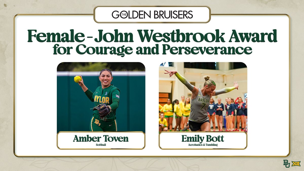 BaylorAthletics's tweet photo. This honor goes to two Bears with a positive mindset and a fighting spirit in the midst of adversity.

The Female John Westbrook Award for Courage and Perseverance winners are @BaylorAcroTumb’s Emily Bott and @BaylorSoftball’s Amber Toven! 👏

#SicEm | #GoldenBruisers26 https://t.co/RrUrFiddz2