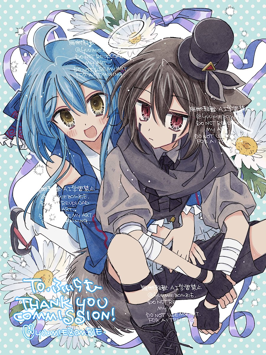 YUUMIEZOMBIE's tweet photo. skeb納品しました！仲良し2人組を描かせていただきました💙🤝🏻🖤 最近描けてなかった獣耳しっぽ欲を消化できました！リクエストありがとうございました🙇🏻 https://t.co/wfz73mHSDZ