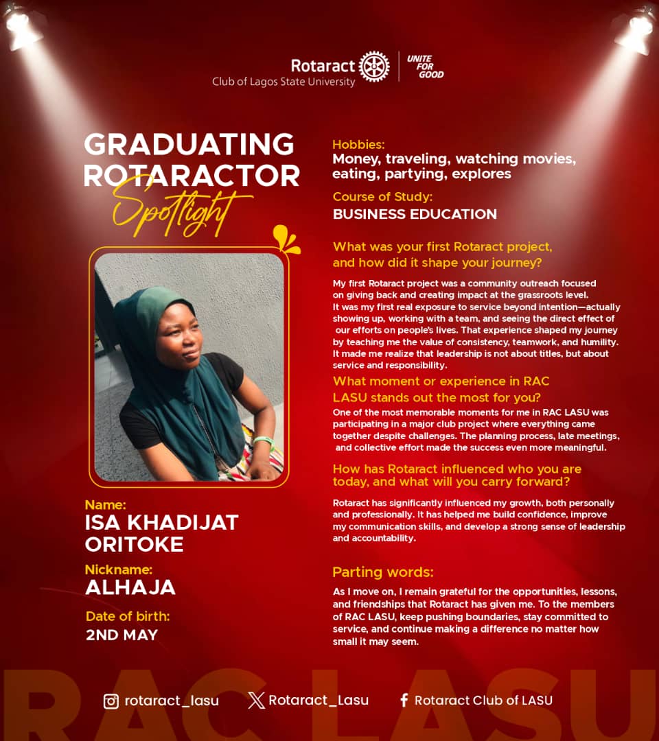 Rotaract_Lasu's tweet photo. ✨ Celebrating Rtr. Isa Khadijah Oritoke (ALHAJA)

Your dedication, leadership, and commitment to service have left a meaningful mark on RAC LASU.

As you step into a new chapter, we celebrate your journey and impact ❤️💛 https://t.co/eq2fEmJncK
