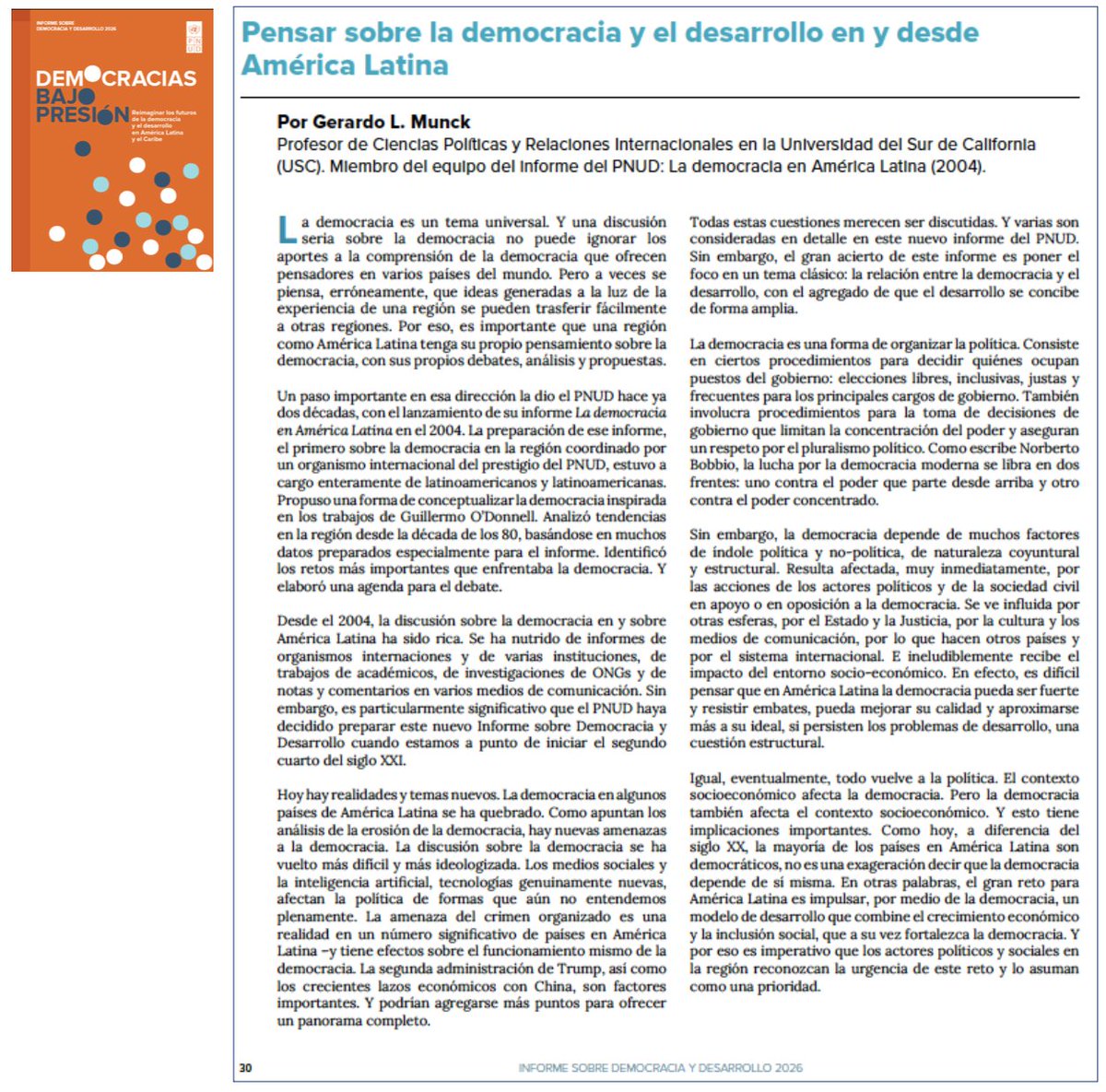 GerardoMunck's tweet photo. Este es un breve texto que escribí para el nuevo informe del @PNUDLAC 

El punto clave: el gran reto para América Latina es impulsar, via la democracia, un modelo de desarrollo que combine el crecimiento económico y la inclusión social, que a su vez fortalezca la democracia https://t.co/gp5t0Pindp