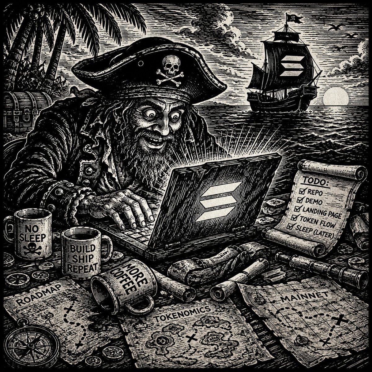 _CaptBlockBeard's tweet photo. Arrr, Solana puts a strange curse on builders.

Ye say, “I’ll just build a wee thing.”

Then the moon rises thrice and ye’ve got a repo, a demo video, a landing page, a token flow, and eyes like a cursed deckhand who hasn’t slept.

That be Solana. https://t.co/gkZn0pEbM5