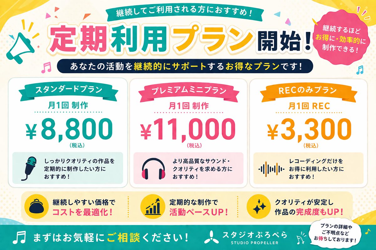 ST_PROPELLER's tweet photo. 【定期利用プラン開始！🎤】

継続して活動される方向けの
「定期利用プラン」がスタートしました！

✔ 定期的に歌ってみたを投稿したい
✔ 制作コストを抑えたい
✔ 継続して活動したい

そんな方におすすめのプランです◎

■ スタンダード
月額 ¥8,800（税込）

■ プレミアムミニ
月額 ¥11,000（税込）

■ RECのみ
月額 ¥3,300（税込）

“共に育つ”をコンセプトに、あなたの活動を継続的にサポートします！

お気軽にご相談ください✨

#スタジオぷろぺら