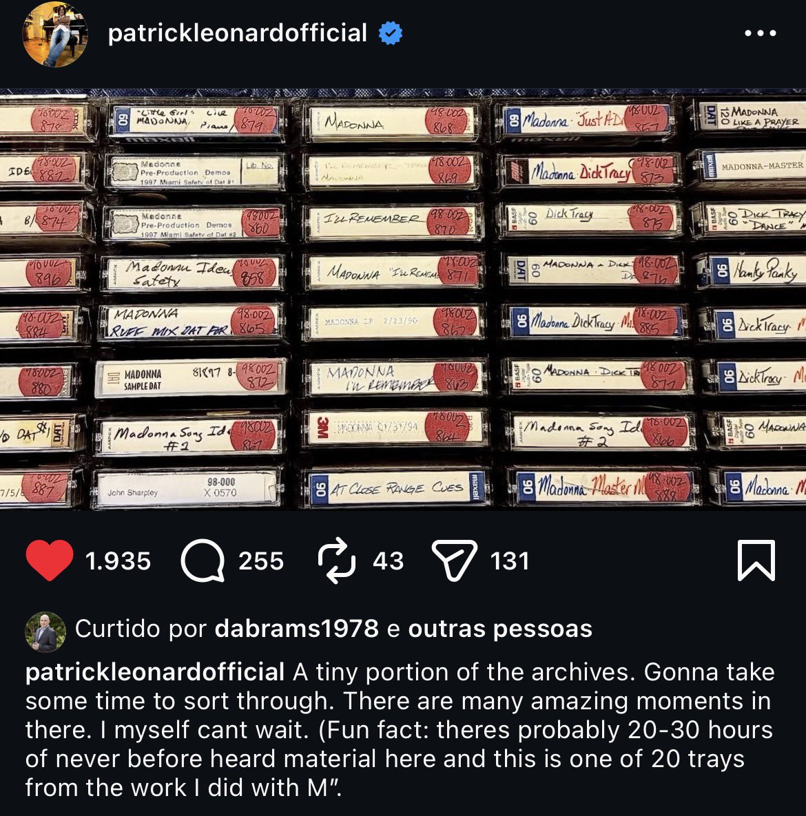 O Patrick Leonard que co-produziu like a prayer, true blue, ray of light e outros, postou uma fotos dos seus arquivos e deve compartilhar mais de 20 HORAS de material inédito com a Madonna