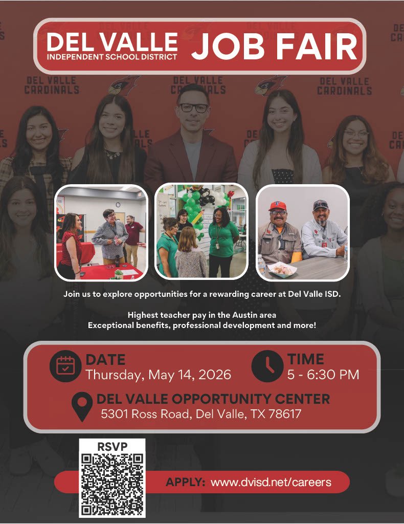 dvisd_hr's tweet photo. 📢 Come to the Del Valle ISD job fair! 📢

📍 Del Valle Opportunity Center (5301B Ross Road, Del Valle, TX 78617)

📆 May 14, 2026 from 5PM-6:30PM

✔️ Meet campus principals
✔️ On-site interviews
✔️ Job offers available 

See you there and become part of our team! https://t.co/zG9eS07VKX