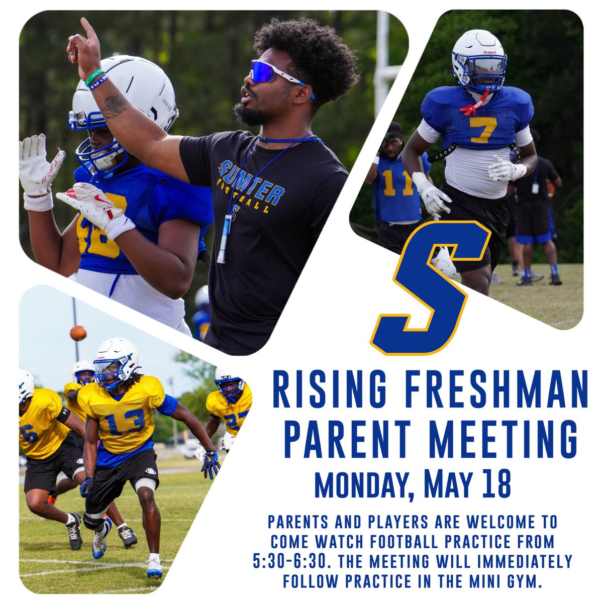 SumterFootball's tweet photo. 🚨Rising Freshman Parent Meeting🚨

If your son is interested in playing football at Sumter High this Fall, please make plans to attend our meeting on Monday night at 6:30 in the mini gym.

Get here early and join us for practice, too!

Go Gamecocks! https://t.co/PUkQEFPAWu