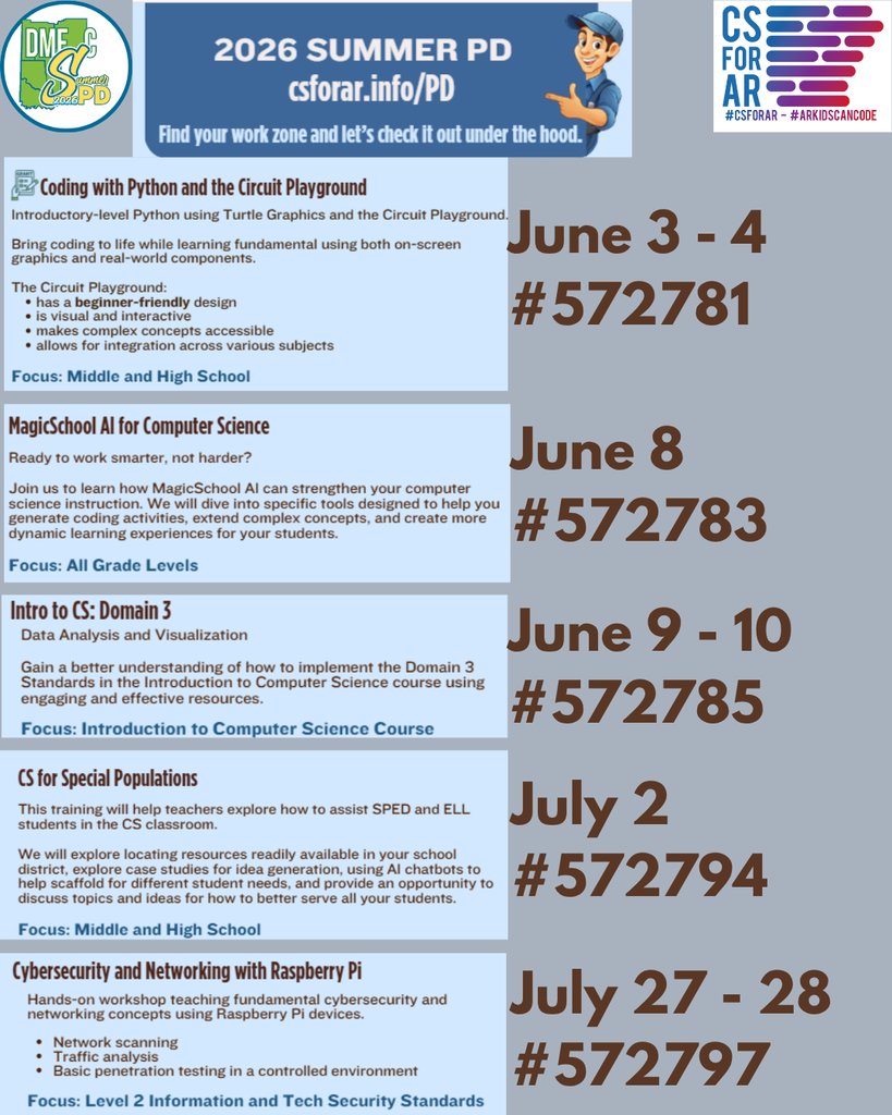 DMESC_'s tweet photo. DMESC Summer PD 2026
Computer Science Summer PD @ DMESC
#thinkcoop1st
#yourBESTsolution
Register:  https://t.co/ec6FmVQAo8 https://t.co/JqRXNzSYWv