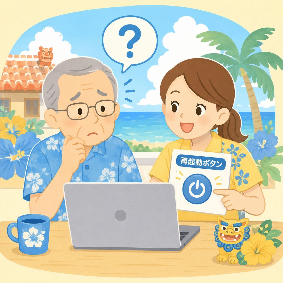 hetarenz's tweet photo. 「PCが重い…」
→まず再起動。

「印刷できない…」
→まず再起動。

「Wi-Fi切れる…」
→まず再起動。

魔法の言葉、再起動🔄
それでもダメならオキ楽へ🌺

#沖縄パソコン教室 #オキ楽 https://t.co/XVEGRrr33W