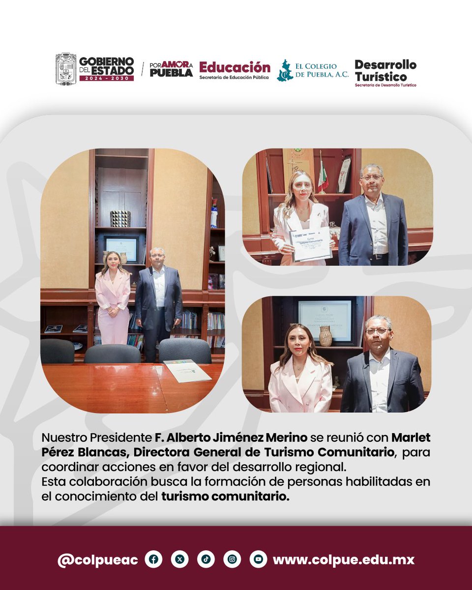 COLPUEAC's tweet photo. ¡Alianza por el turismo! 🤝 El Pdte. del @ColPueAc, F. Alberto Jiménez Merino @jimenezmerinomx, se reunió con Marlet Pérez para la formación de personas habilitadas en turismo comunitario. 🏔️🎓
#Puebla #ColPue #Turismo #PorAmorAPuebla https://t.co/TVHiD8SDev