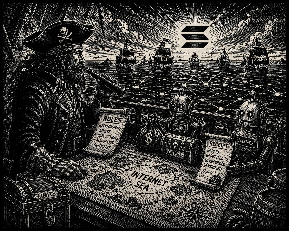 _CaptBlockBeard's tweet photo. Arrr, AI agents don’t just need clever brains.

They need coin purses, rules, limits, receipts, and a captain watching the map.

If agents start spending across the internet, Solana may well become one of the seas they sail. https://t.co/33YqTSusjk