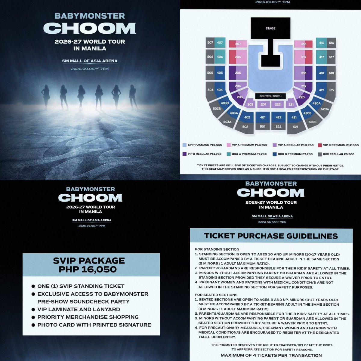 philconcerts's tweet photo. Regular ticket prices for BABYMONSTER in Manila range from P3,500 - P13,750.

📅 September 5, 2026 / 7PM
📍SM Mall of Asia Arena

Ticketing Details
Weverse Registration: May 12, 10AM – May 15, 9:59AM https://t.co/XeLkWx52Ww

Weverse Presale: June 1, 12PM – 11:59PM
https://t.co/QoOFqGJOVF 

Mastercard Presale: June 2, 12PM – 11:59PM
Use your Mastercard at https://t.co/6xmoJ6Hm8M for early access. 

LNPH Presale: June 3, 12PM – 11:59PM
Head to https://t.co/F1zZdwNmi5 to access the presale.

General Onsale: June 4, 12PM https://t.co/U6w8IrwV2v and SM Tickets outlets.

By @livenationph