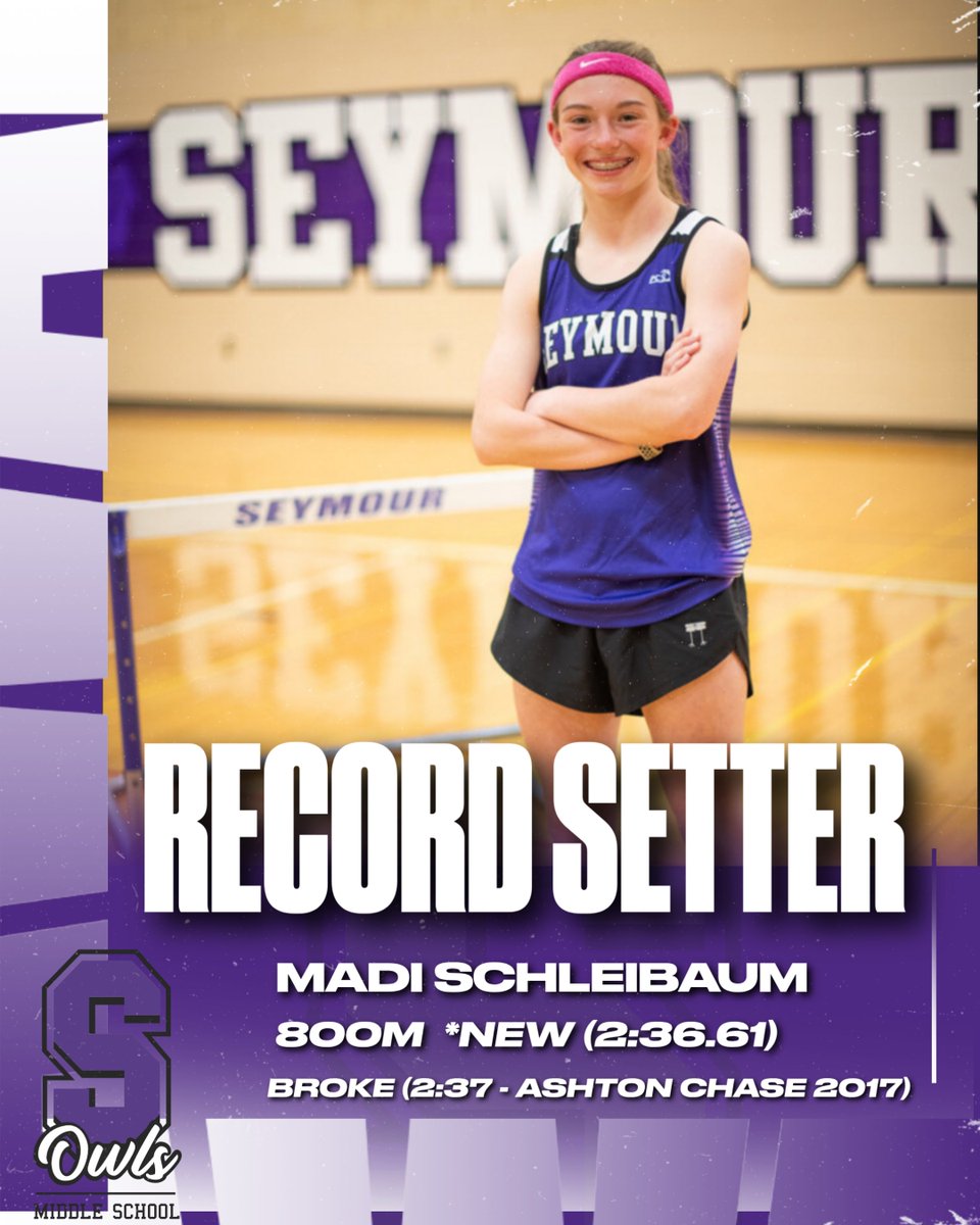 SMSOwls1's tweet photo. Congratulations to 7th grader Madi Schleibaum on an incredible performance tonight! 

After battling through some tough competition, Madi broke the school record in the 800 meters with an amazing time of 2:36.61, surpassing the previous record held by Ashton Chase!
GO OWLS! https://t.co/0NgQYWlvlM