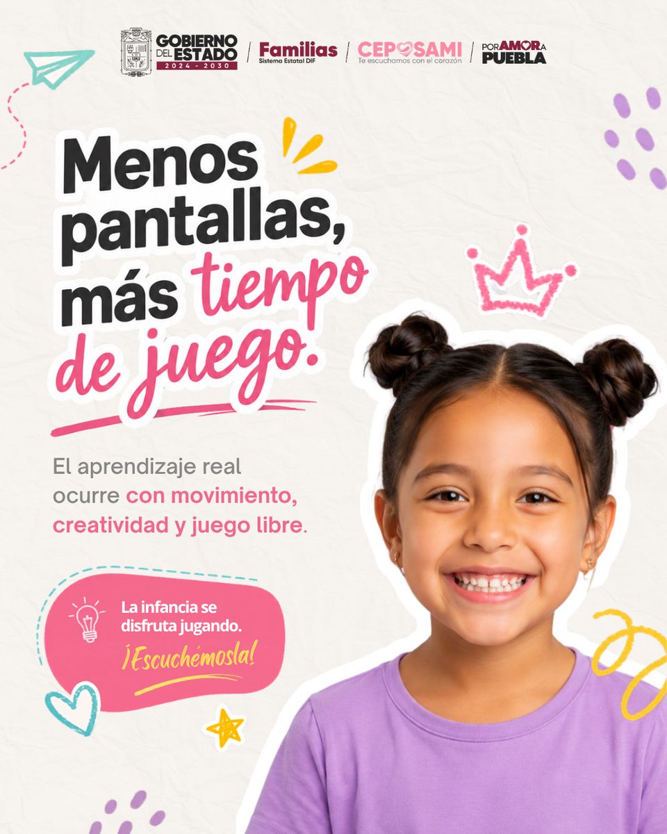 CEPOSAMI's tweet photo. Menos pantallas, más juego, movimiento y creatividad. 💗✨
El aprendizaje más importante también sucede cuando niñas y niños exploran, imaginan y conviven fuera de una pantalla.

La infancia se disfruta jugando. 🌈

#PorAmorAPuebla #PensarEnGrande #CEPOSAMI #SaludMentalInfantil https://t.co/PMYkyHqiFb