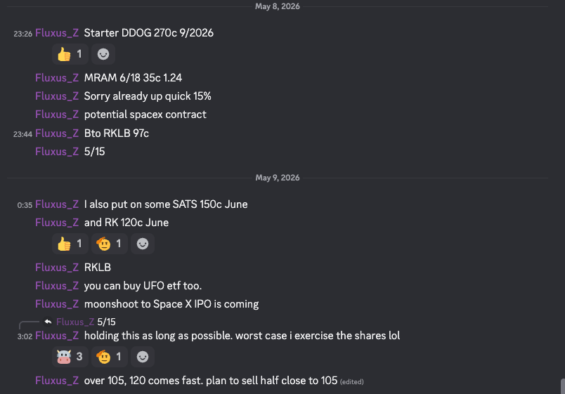 Fluxus_Z's tweet photo. A Life-changing month, we have more cooking:

$QCOM  5/8 190c 8x
$MRAM  6/18 35c 10x
$CRWV  5/15 115c 7x
$RKLB  5/15 97c 4x https://t.co/JIrBIeV8sz