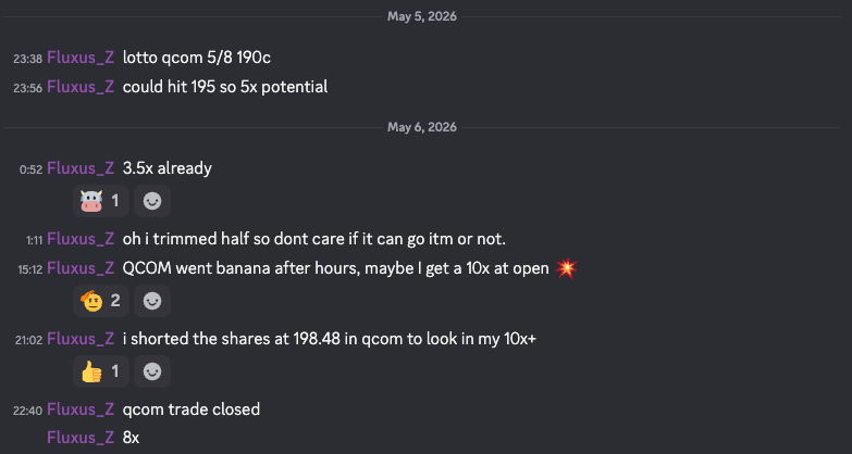 Fluxus_Z's tweet photo. A Life-changing month, we have more cooking:

$QCOM  5/8 190c 8x
$MRAM  6/18 35c 10x
$CRWV  5/15 115c 7x
$RKLB  5/15 97c 4x https://t.co/JIrBIeV8sz