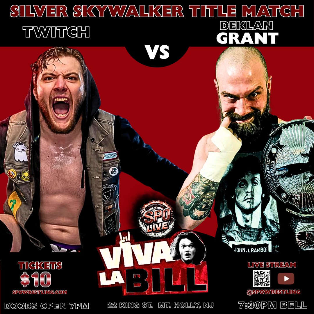 SPOWrestling's tweet photo. 🔥 SPO LIVE Presents: VIVA LA BILL 🔥

📅 Friday, May 15th
 📍 PWSA – 22 King St. • Mt Holly, NJ
 🚪 Doors 7:00PM | 🔔 Bell 7:30PM
🏆 PWU Tag Team Championship Match
Freak The Mighty vs BLK-OUT (c)

🥈 PWU Silver Skywalker Championship
Twitch vs Deklan Grant (c) https://t.co/MUYNWBkNxe