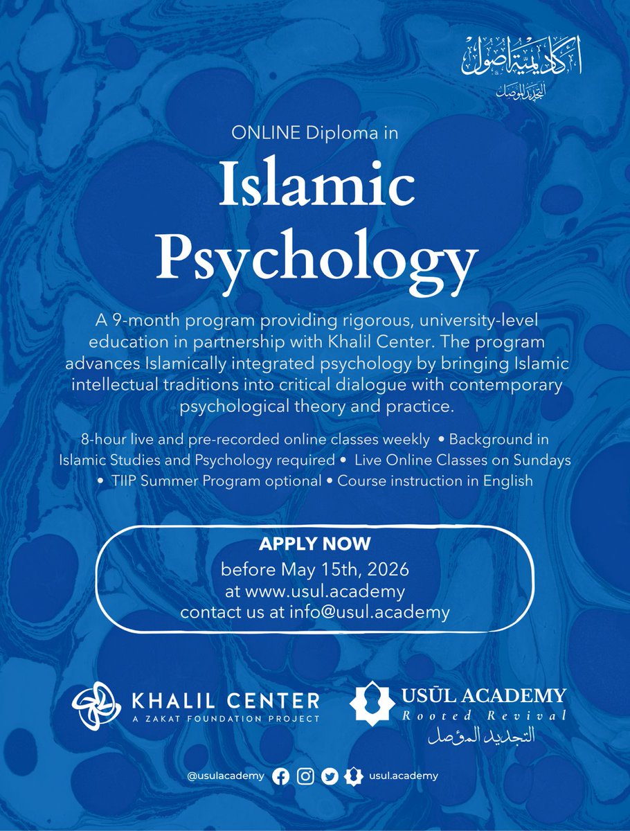KhalilCenter's tweet photo. We’re excited to announce our collaboration with Usul Academy for the Online Diploma in Islamic Psychology 🤝✨
Begin your journey: https://t.co/BzlzkitZyT
#IslamicPsychology #MentalHealth #FaithAndKnowledge https://t.co/nu4X0fwOm7