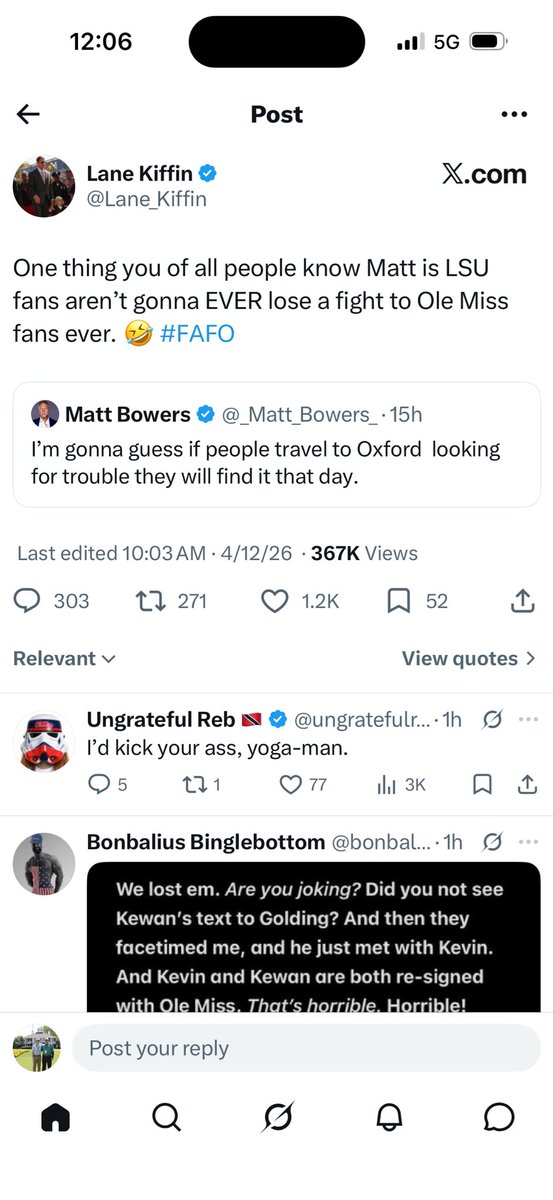 ryanward_34's tweet photo. @ChrisGordy @EverythingRebs Yep it’s definitely Ole Miss fans crossing the line and not Kiffin https://t.co/iEgaPJufXL