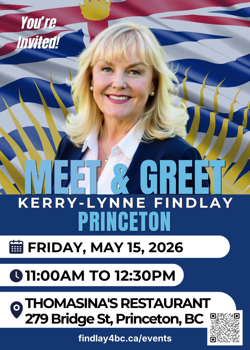 KerryLynneFindl's tweet photo. You're Invited to three Meet & Greets in the South Okanagan!

I’ll be in your community this week and next — come say hello!

📍 Princeton – Friday, May 15 |  AM –  PM | Thomasina's Restaurant 
📍 Osoyoos – Friday, May 15 |  PM –  PM | Queen of the South Cafe & Tapas
📍 Penticton – Tuesday, May 19 |  PM –  PM | Penticton Seniors Centre
Let’s talk about keeping BC Conservative and building a province that works for everyone.

https://t.co/7fPtjz2KYi