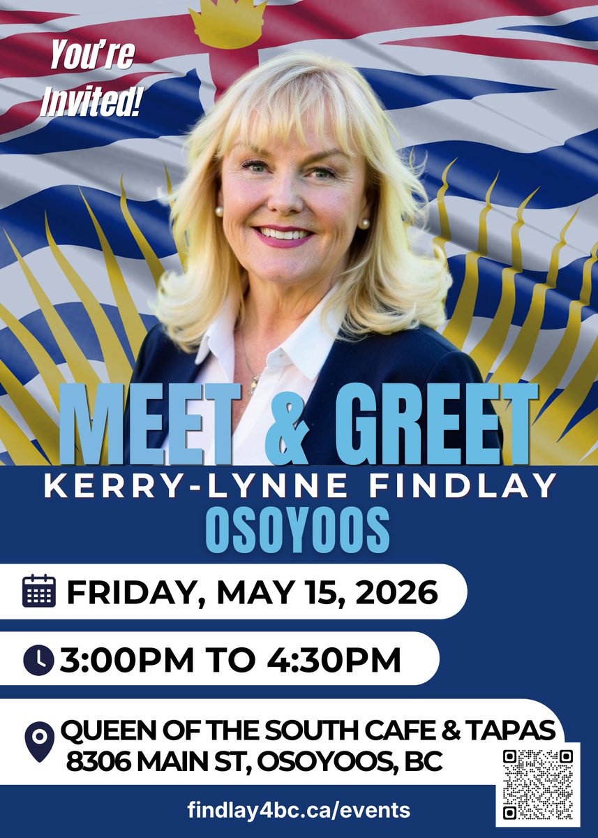 KerryLynneFindl's tweet photo. You're Invited to three Meet & Greets in the South Okanagan!

I’ll be in your community this week and next — come say hello!

📍 Princeton – Friday, May 15 |  AM –  PM | Thomasina's Restaurant 
📍 Osoyoos – Friday, May 15 |  PM –  PM | Queen of the South Cafe & Tapas
📍 Penticton – Tuesday, May 19 |  PM –  PM | Penticton Seniors Centre
Let’s talk about keeping BC Conservative and building a province that works for everyone.

https://t.co/7fPtjz2KYi