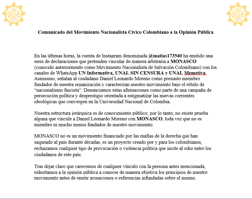 MONASCOcol's tweet photo. COMUNICADO A LA OPINIÓN PÚBLICA https://t.co/3esMWM0Syt
