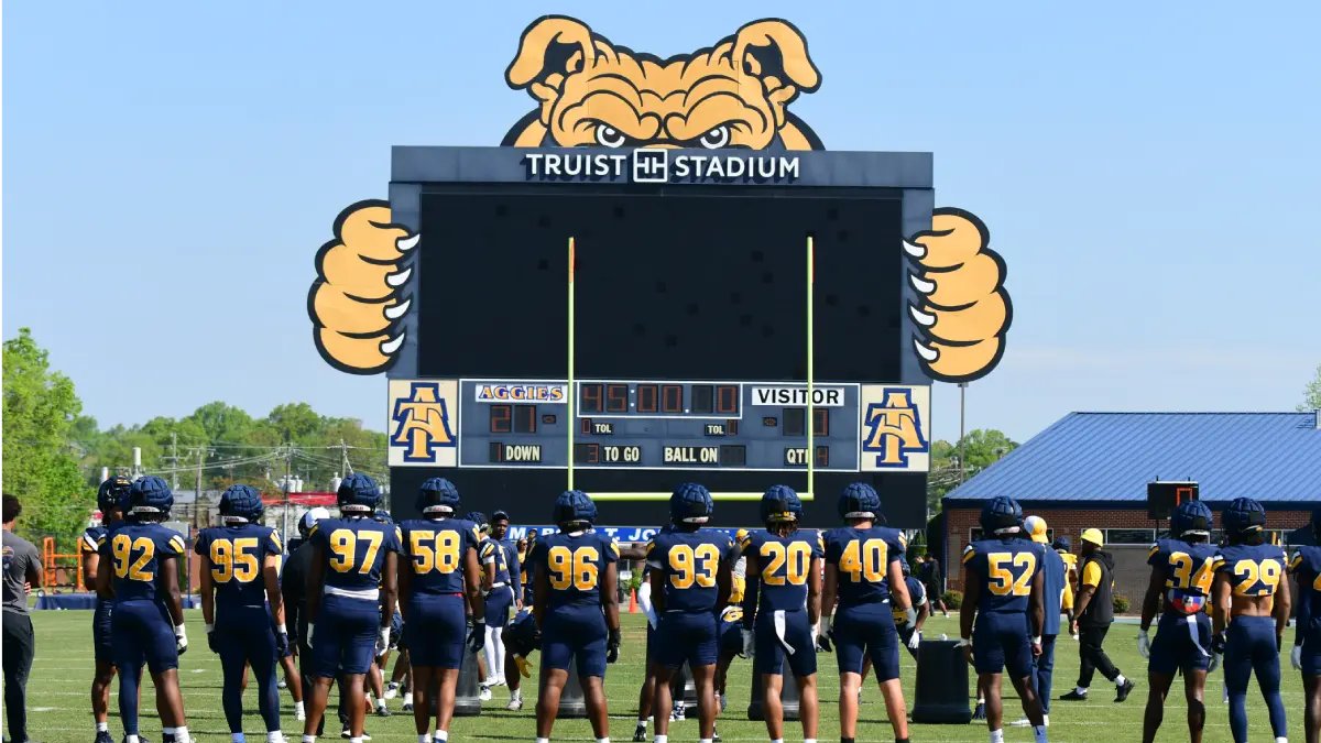 NCFootballNews's tweet photo. NC A&T Football Snapshot

2025 Record: 2-10
2025 CAA: 2-6 (T-10th)
Current Streak: L4

Next Game: Morgan State at North Carolina A&T (Saturday, Aug. 29, 2026)
Last Game: Elon 55, North Carolina A&T 17 (Nov. 22, 2025)

Passing Leader: Kevin White - 1,516 yards, 7 TDs, 6 INTs
Rushing Leader: Wesley Graves - 569 yards, 5 TDs
Receiving Leader: Jayvonne Dillard - 43 catches, 539 yards, 2 TDs
Tackling Leader: Joshua Iseah - 83 tackles
Scoring Leader: Andrew Brown - 70 points

NC A&T Football Hub: https://t.co/t6R1AARekY
Morgan State at NC A&T Preview: https://t.co/Y85hx3WeSI
NC A&T Schedule: https://t.co/tzuZOaMHhW